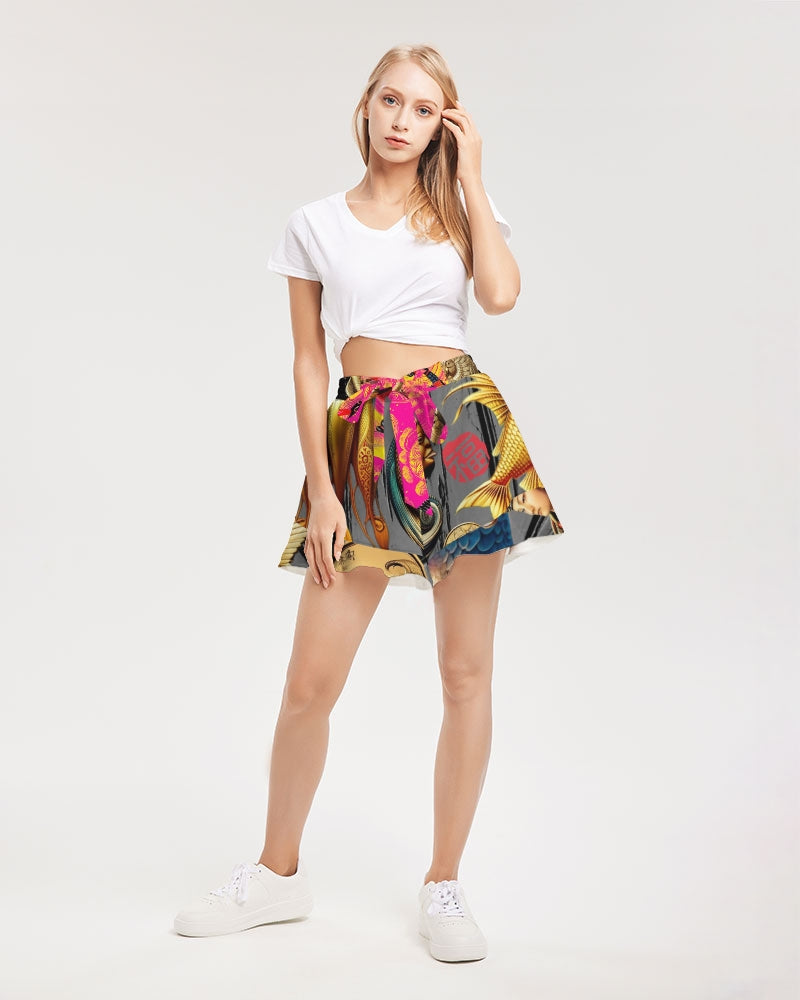 Trendy Abstrak Pattern Women's All-Over Print Ruffle Shorts