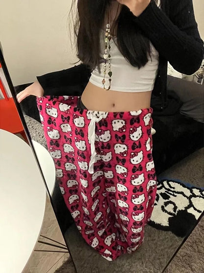 New Fashion Sanrio Hello Kitty Loose High Waist Pants Lovely Casual Thin Pajamas Trousers Women Wide Leg Pant Y2K Girl Gift