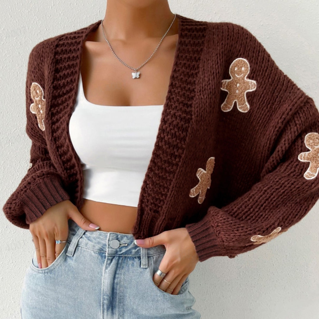 Knitted Sweater With Gingerbread Man Pattern V-Neck Spring Autumn Winter Gingerbread Man Cardigan