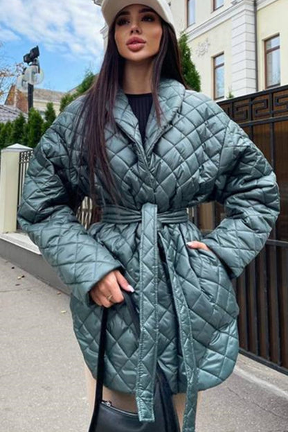 Canton Lapel Collar Belted Quilted Long Puffer Coat