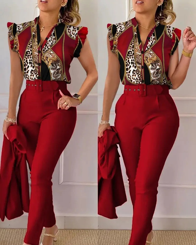 Womens Elegant Slim Two-Piece Sets Summer Fashion Print V Neck Button Flying Sleeve Shirt Top & Solid Long Pants Suits With Belt