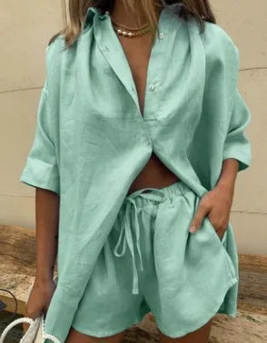 Casual Cotton Solid Color Sets Women Short Sleeve Loose Shirt Wide Leg Shorts Two Piece Set Woman Suits 2024 Summer Outfits