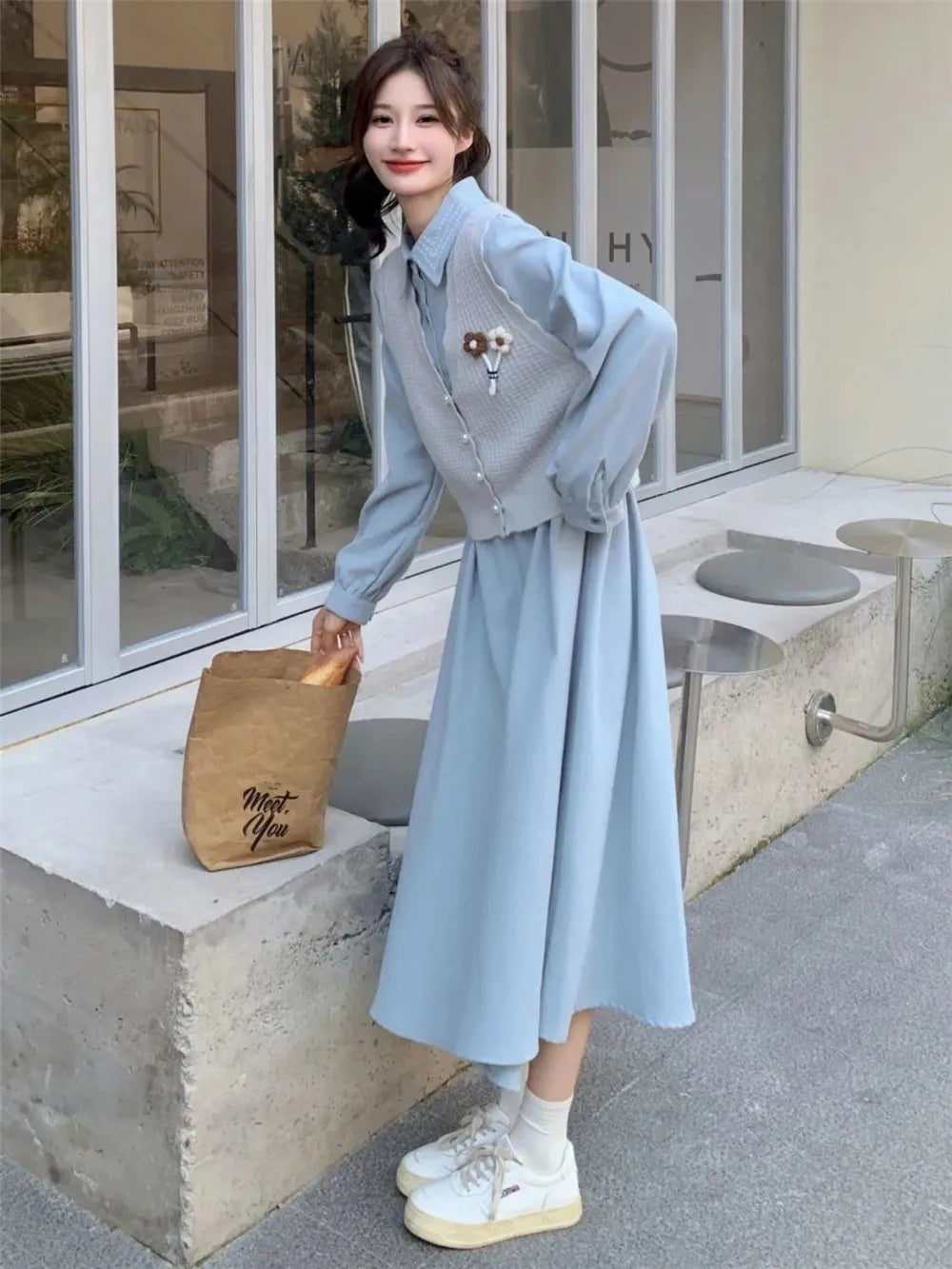 Blue Midi Length Dresses Long Sleeves Wedding Party Dress Sets Clothes For Women Basic Women'S Skirt Vintage Clothing Korean