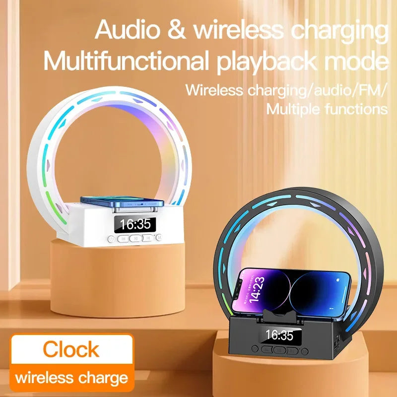 4 In 1 Wireless Bluetooth Speaker Charging Pad Bedside Lamp With Alarm Clock Wake-Up Light For Bedroom Support USB Drive TF Card