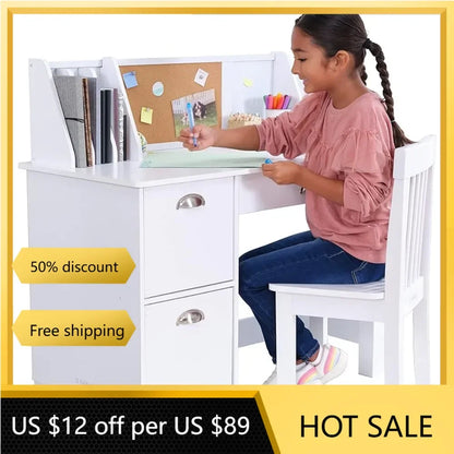 Bulletin Board and Cabinets Children's Table Wooden Study Desk for Children With Chair White Freight Free Child Furniture