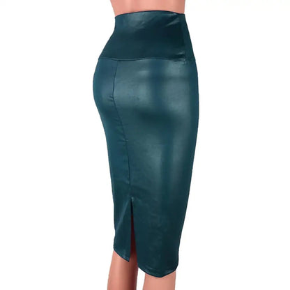 Fashion Women Shirt High Waist Split Faux Leather Knee Length Bodycon Pencil Skirt Short Dress Female Clothing