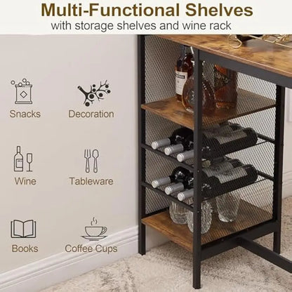 Bar Table and Chairs Set for 2 Tall Kitchen Counter Dining with Storage Shelves, Cup Holder & Wine Rack, PU Leather Cushion