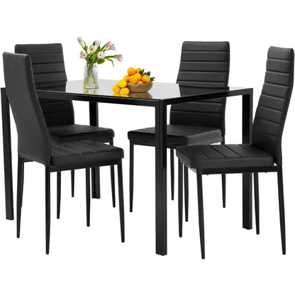 Dining table set, small space glass kitchen table and chair for 4 people, rectangular modern home furniture (black glass)