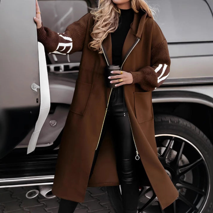 Hooded Windbreaker Long Jacket With Pockets And Drawstring Design Solid Color Knit-Sleeved Trench Coat For Women Clothing Fall Winter