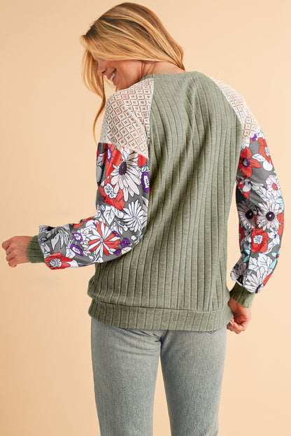 Black Floral Patchwork Raglan Sleeve Ribbed Top