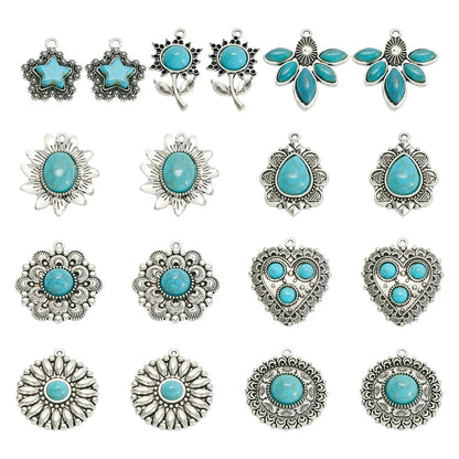 18Pcs Tibetan Style Alloy Pendants with Synthetic Turquoise and Resin Beads Mixed Shapes Antique Silver for Making DIY Necklace