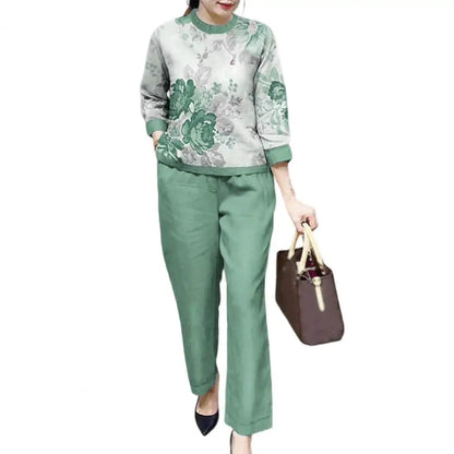 Fashion Women Loose Print Set Female Cotton Linen Outfits Commuter Elegant O-Neck Long Sleeve Tops Shirt And Straight Pants Suit