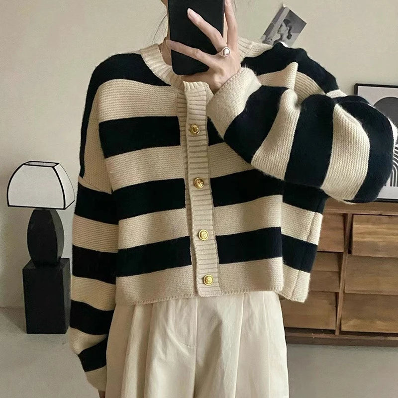 Striped Knitted Cardigans Women 2023 Autumn Winter Button Up Loose Cardigan Sweaters Woman Korean Style Long Sleeve Knitwear