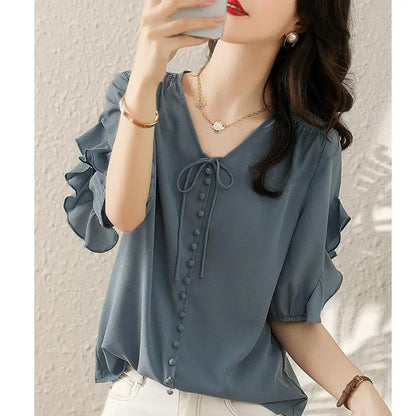 Elegant Fashion Ruffles Lace Up Chiffon Blouses Woman 2022 Summer New Office Lady Commute V-Neck Butterfly Sleeve Button Shirts