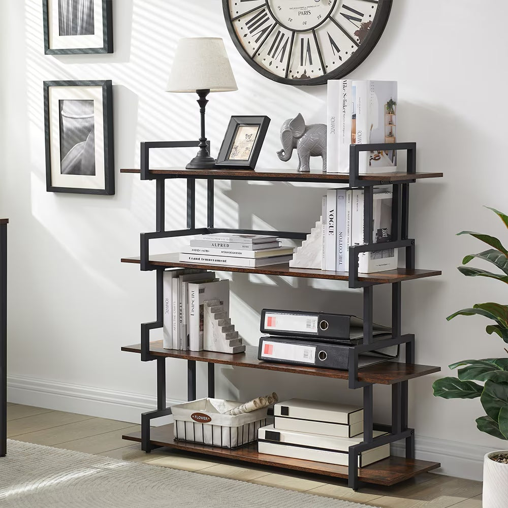 Industrial 4-tier Bookshelves, Metal And Wood Bookshelves, Open Widescreen Display Storage Bookshelves