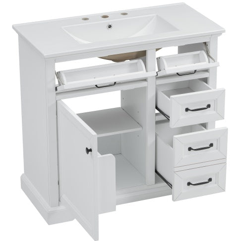 36Bathroom Vanity With Sink, Ceramic Sink, 2 Tip-out Drawers, Soft Close Door Hinges, White