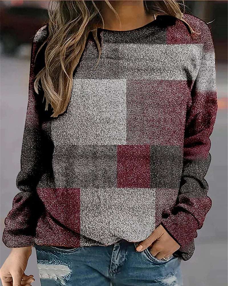 Casual Plaid Loose Print Long Sleeve Crew Neck Sweater Women's