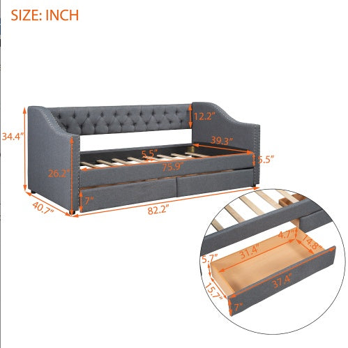 Upholstered Twin Size Daybed With Two Drawers, Wood Slat Support, Gray