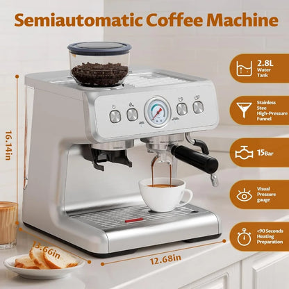 15 Bar, Coffee Maker for Cappuccino and Latte Maker with Milk Frother Steam Wand, Fast Heating Coffee Machine