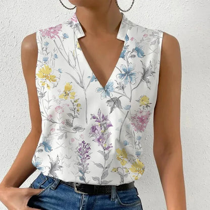 Fashion V-neck Sleeveless Print Women Tops And Blouses 2023 Summer Casual White Tank Top Femme Shirt Blouse