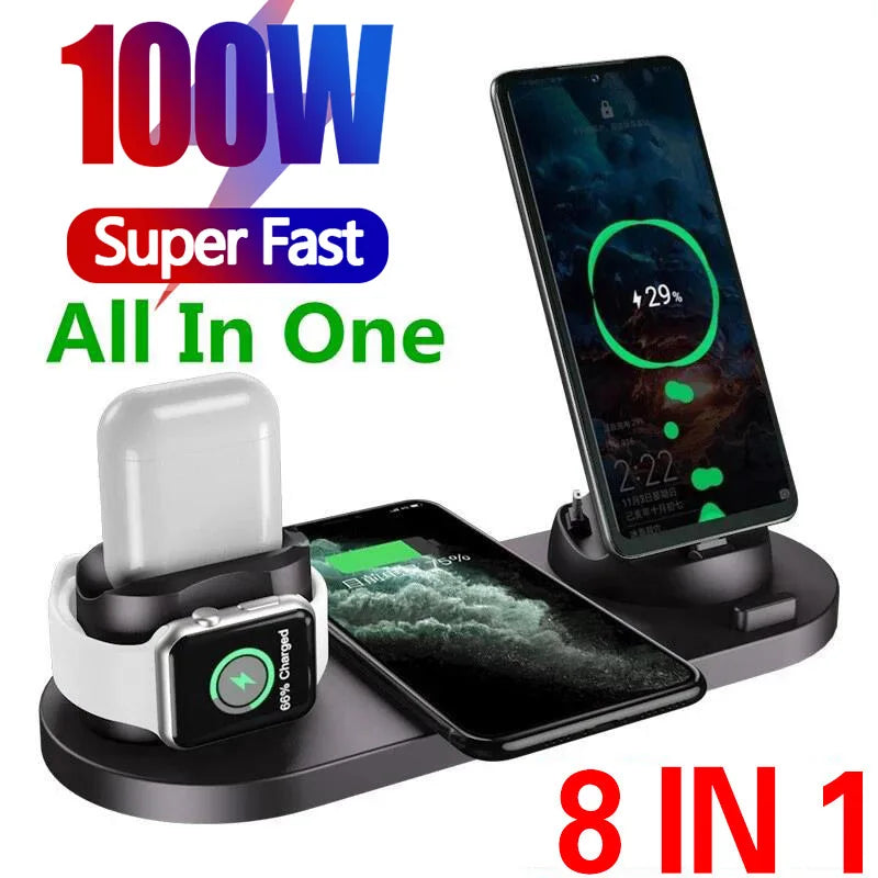 100W 8 in 1 Wireless Charger Fast Charging Station for iPhone15/ 13/14/12 Pro Max/11 /XS Max, iWatch 8/7/6/SE/6/5/4, AirPods Pro