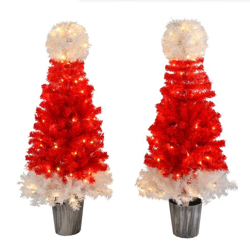 Lighted Santa Hat Style Christmas Tree Set Of 2, 4ft Artificial Tree With Warm White Lights, Christmas Tree For Decoration Inside And Outside