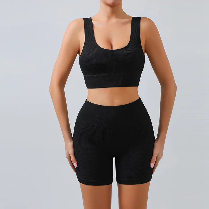 Fitness Running Seamless Ribbed Yoga Sets Workout Sets for Women 2 Pieces Gym Suits Ribbed Crop Tank High Waist Shorts Outfits