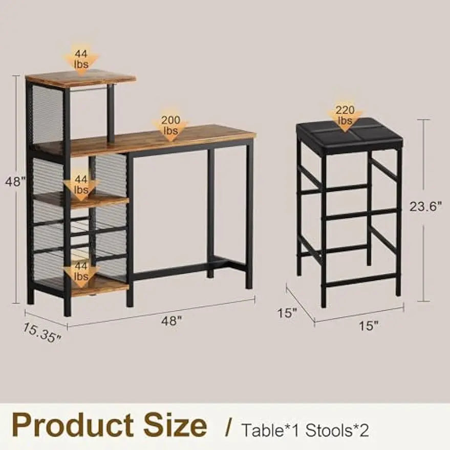 Bar Table and Chairs Set for 2 Tall Kitchen Counter Dining with Storage Shelves, Cup Holder & Wine Rack, PU Leather Cushion