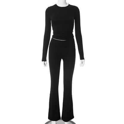 Absobe Leisure Fold Over Pants Suit Women Crew Long Sleeve Slim Crop Top Flare Pants Sports Causal Set Hottie Autumn Streetwear