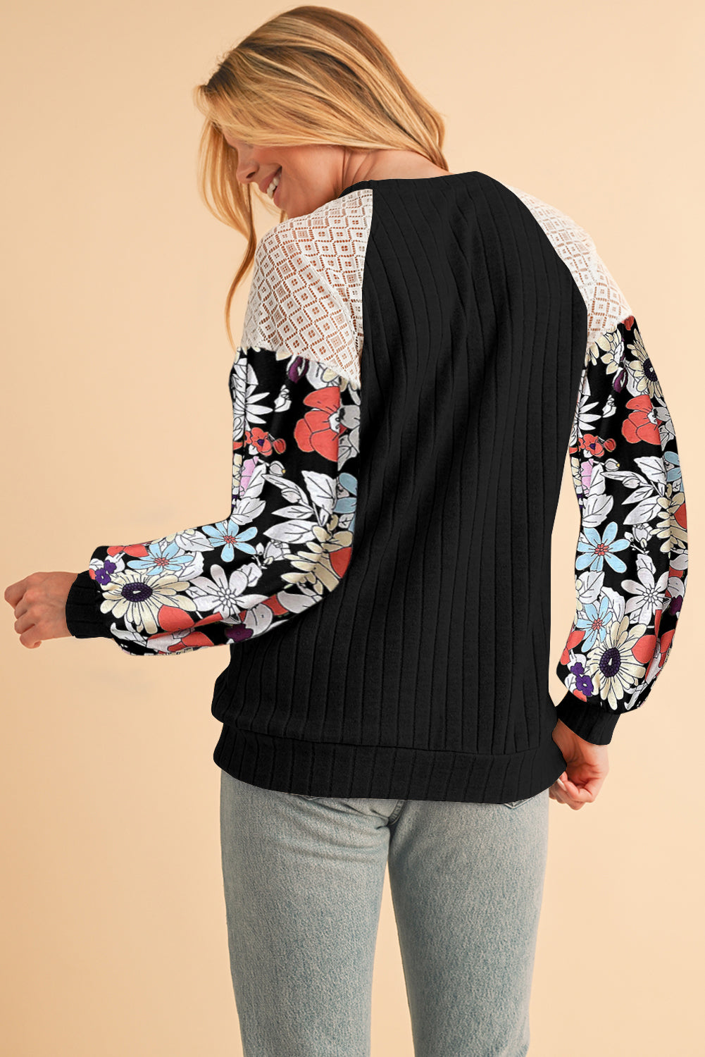 Black Floral Patchwork Raglan Sleeve Ribbed Top