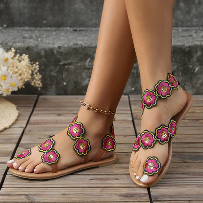 Ethnic Style Flowers Flat Sandals Summer Vacation Casual Clip Toe Beach Shoes For Women