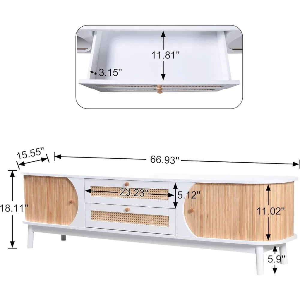 75'' Rattan Stand, Modern Farmhouse Media Console with Solid Wood Legs,Spacious Storage, Cable Management, Entertainment Center
