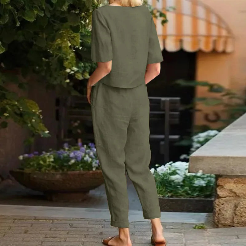 Fashion Women's Cotton Hemp Summer Khaki Round Neck Short Sleeve Loose Top High Waist Pocket Wide Leg Pants Retro 2 Piece Set