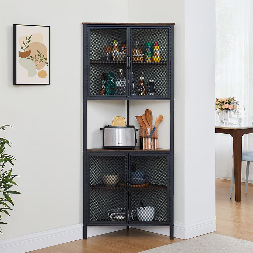 6-Tier Corner Shelf With Storage Cabinet,Bookshelf With Metal Mesh Door,for Living Room