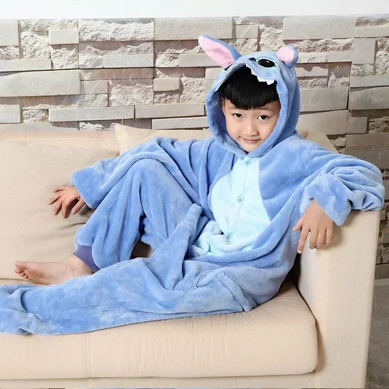 Disney Lilo & Stitch One-Piece Pajamas Children Cartoon Plush Kigurumi Onesies Winter Warm Clothes for Boys Girls Christmas Gift