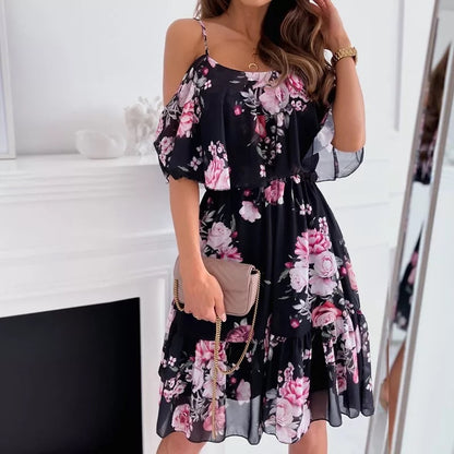 Flower Printed Ruffled Suspender Dress Summer Off-the-shoulder Strap Dresses Women