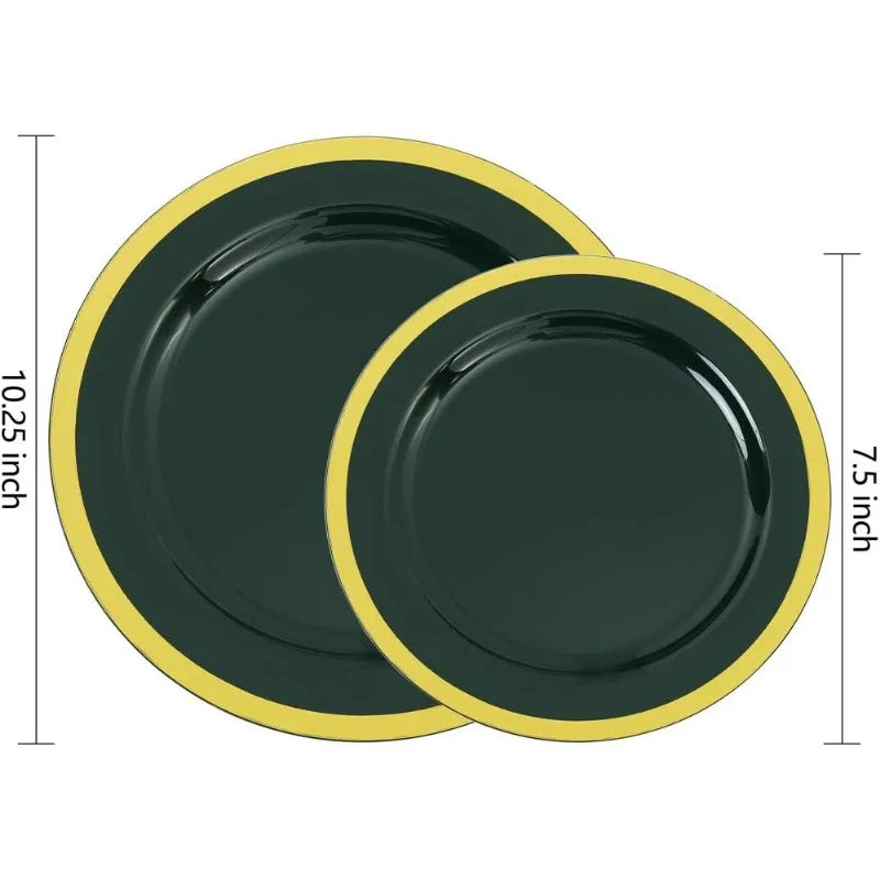 102PCS Emerald Green and Gold Plastic Plates - Premium Quality Dinnerware Set for Wedding & Party