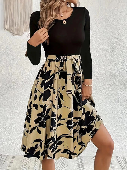 Floral Print Long Sleeve Dress Fashion Round Neck Tie Slim Dress Women's Clothing