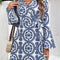 Blue Floral Print V Neck Wrapped Knot Long Sleeve Dress