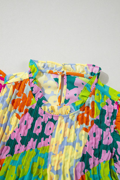 Multicolor Abstract Print Layered Ruffle Sleeve Pleated Blouse