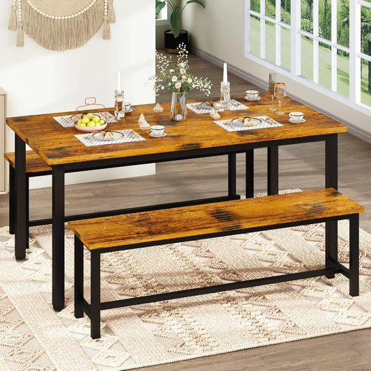 Dining Room Table Set, Kitchen Set with 2 Benches, Ideal for Home, and Room of 43.3x23.6x28.5 inches, Benches 38.5x11.8x17.5