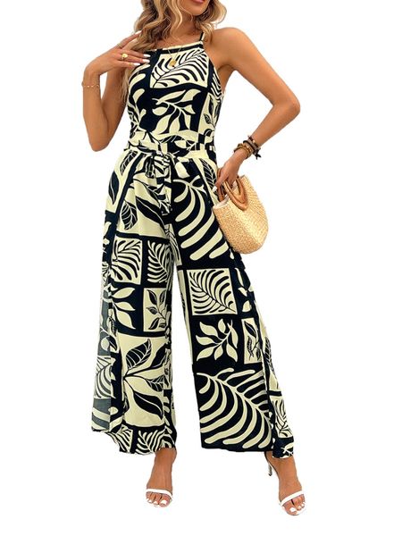 Women's Printed Tie Back Jumpsuits Sleeveless Tie Waist Jumpsuits Wide-Leg Jumpsuits with Slit  H8ZF4E3SHZ