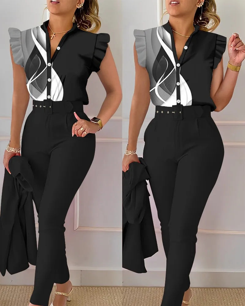 Womens Elegant Slim Two-Piece Sets Summer Fashion Print V Neck Button Flying Sleeve Shirt Top & Solid Long Pants Suits With Belt