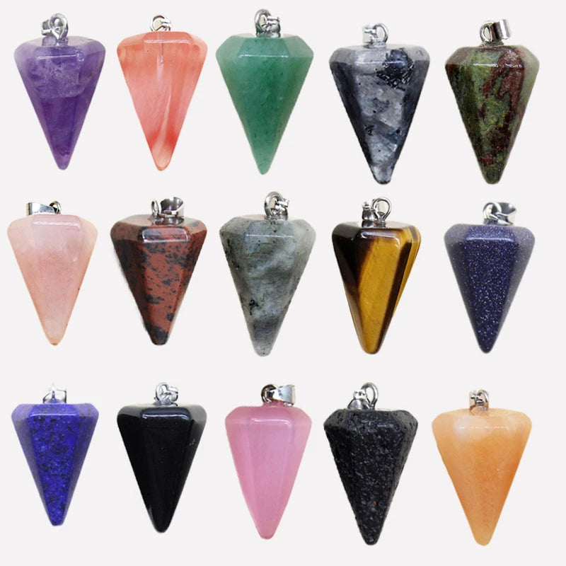 24pcs Natural Stone Reiki Pendulum Divination Pendant Amethyst Quartz Crystal Agate Suitable for DIY Necklace Jewelry Pendant