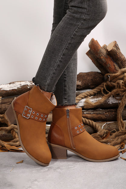 Chestnut Eyelet Buckled Chunky Heel Faux Leather Ankle Boots