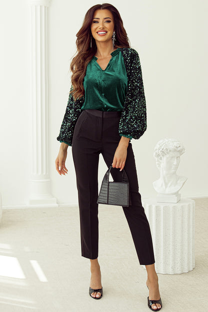 Evergreen Sequin Patchwork Sleeve Button Up Velvet Top