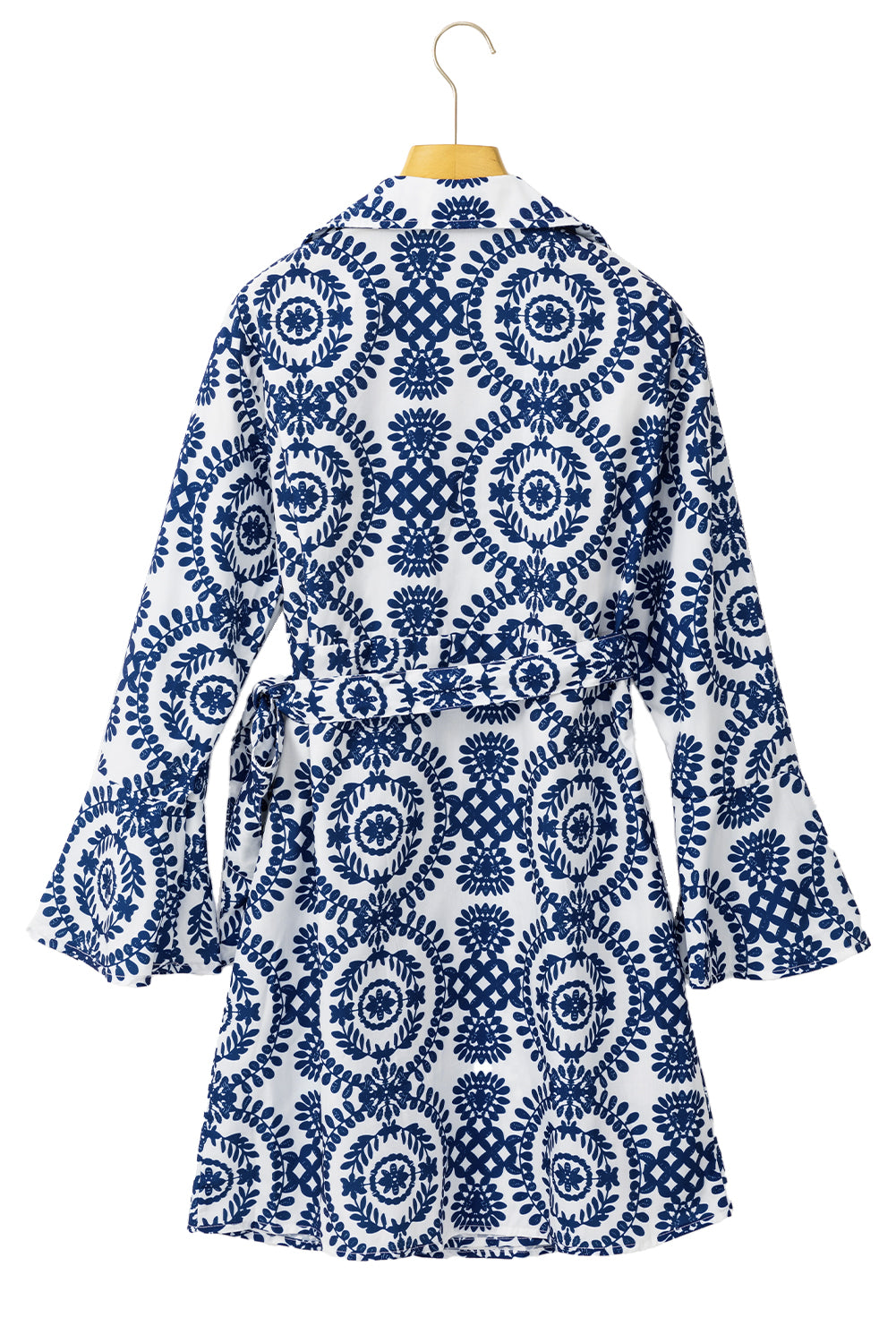 Blue Floral Print V Neck Wrapped Knot Long Sleeve Dress