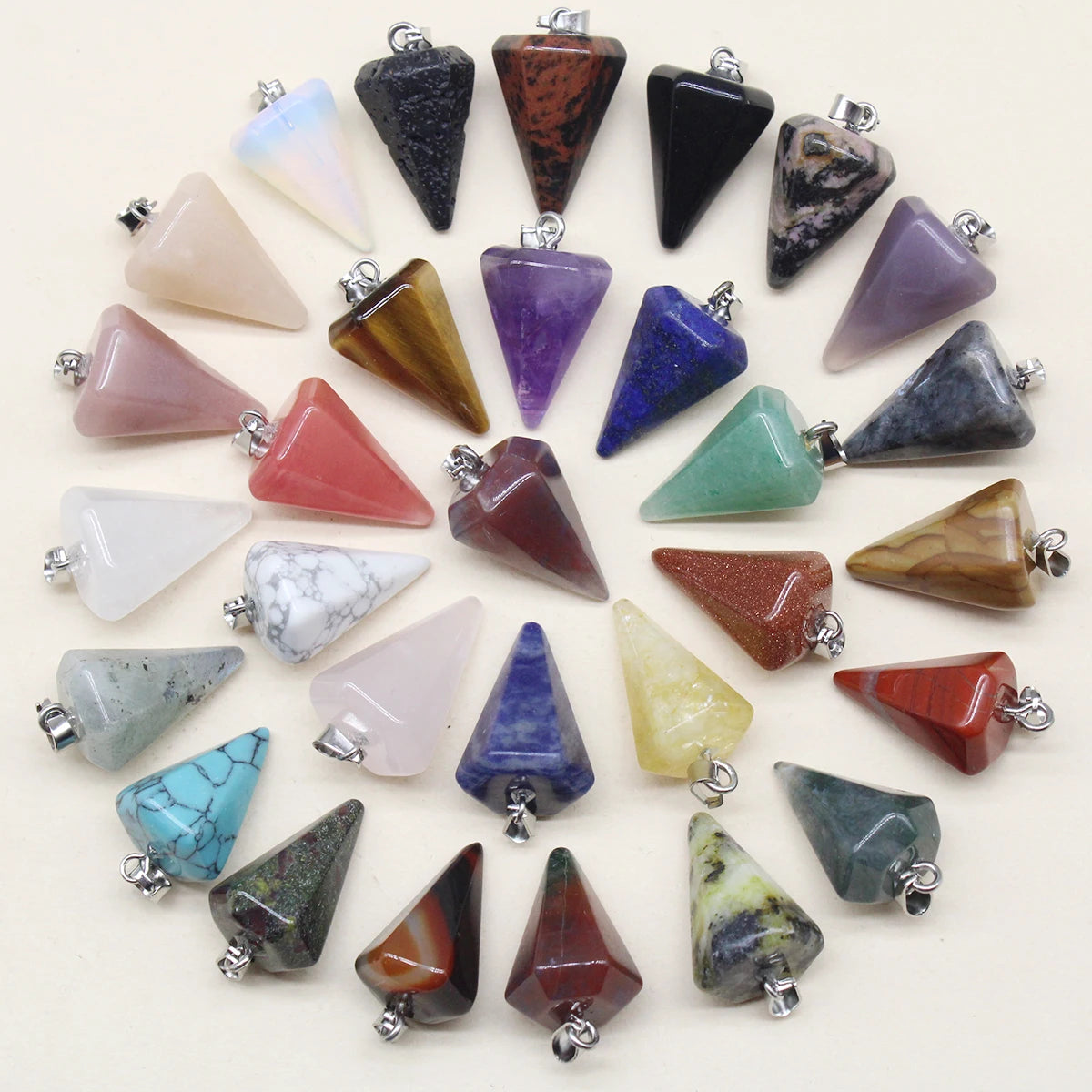 24pcs Natural Stone Reiki Pendulum Divination Pendant Amethyst Quartz Crystal Agate Suitable for DIY Necklace Jewelry Pendant