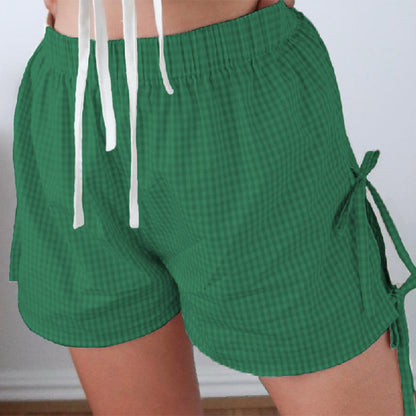 Loose Plaid Print Shorts With Lace-up Design Summer Fashion Y2K Elastic Band Pants For Women