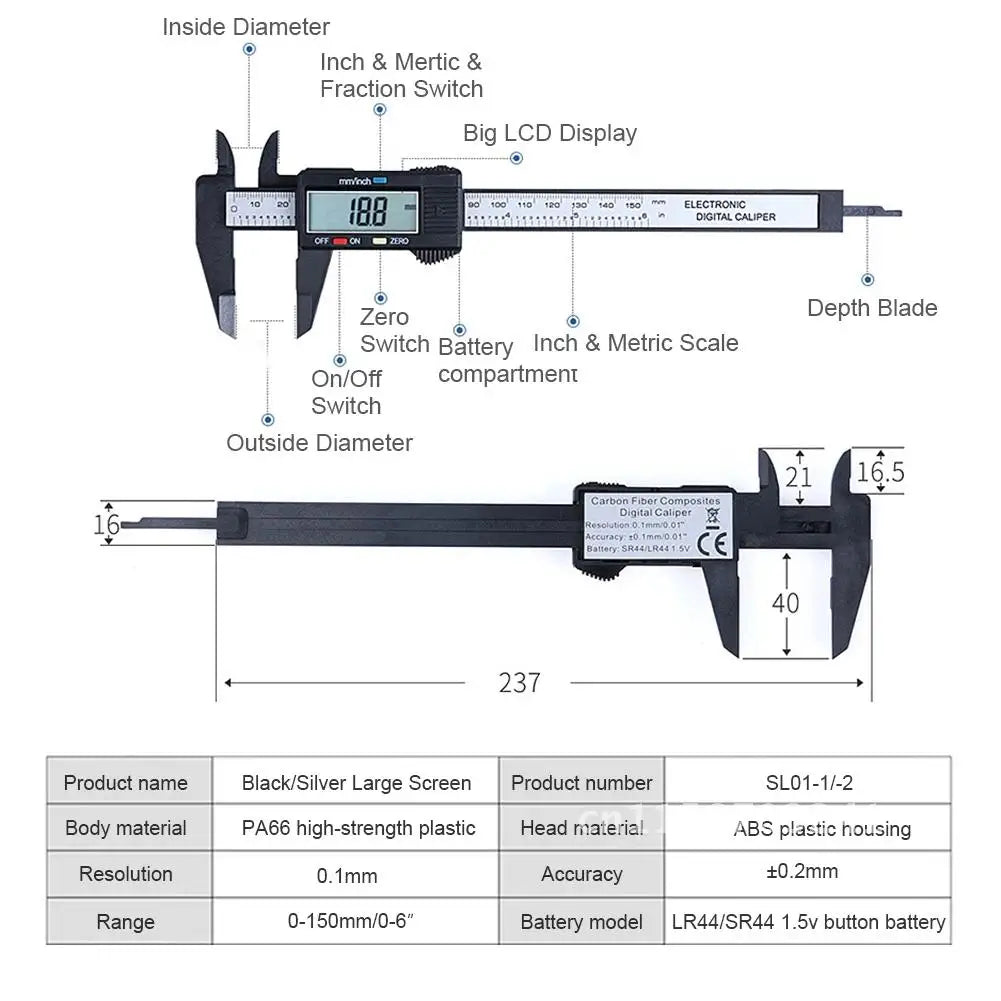 Electronic Conversion Digital Caliper Vernier Micrometer LCD Screen Carbon Fiber Measuring Tool Inch/mm